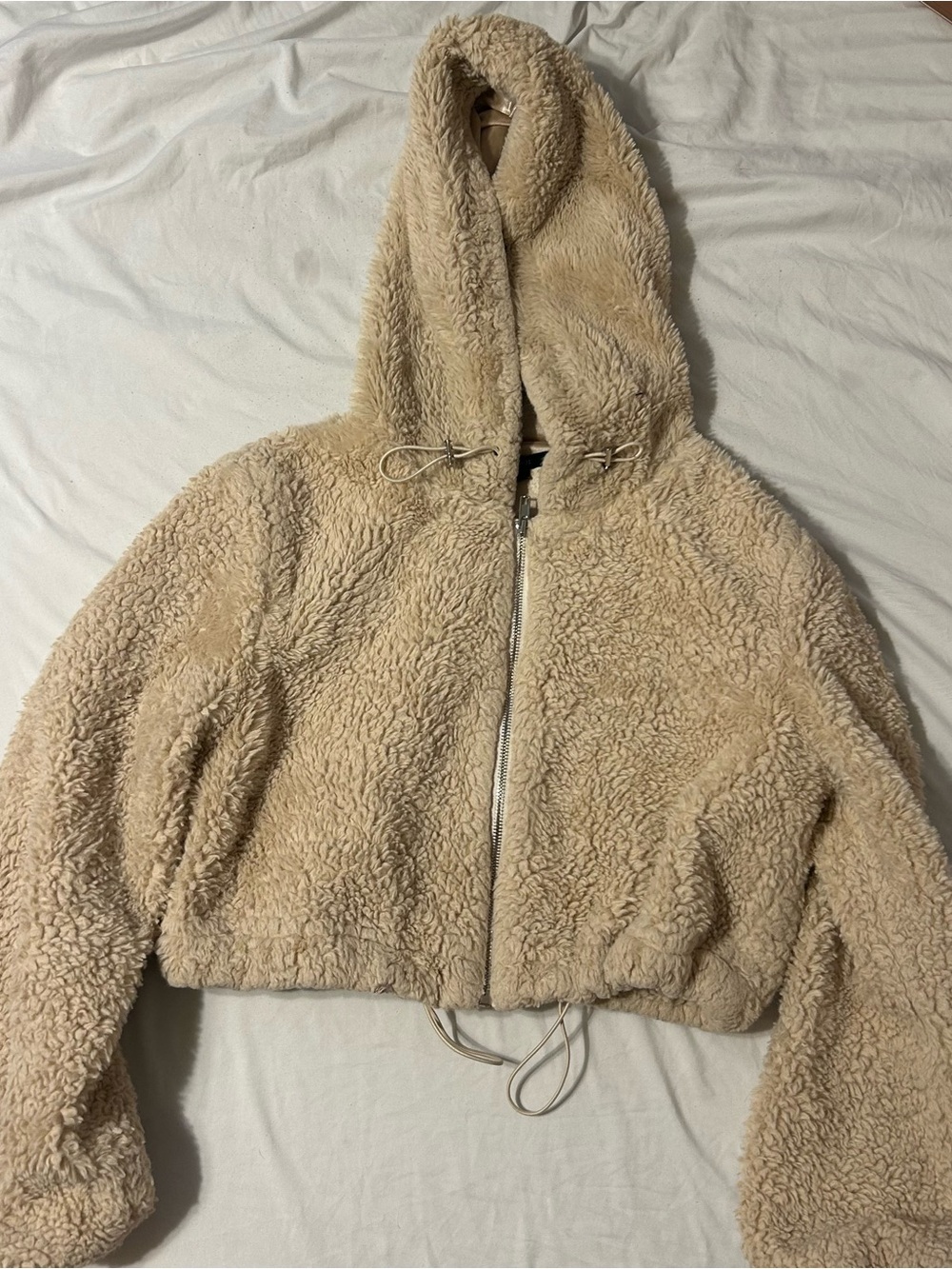 Forever 21 Cream Teddy Sherpa Hooded Zip-Up Jacket